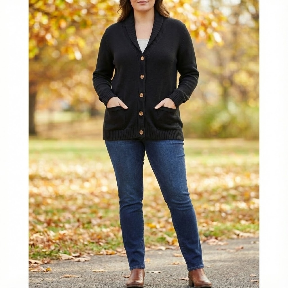 Lauren‎ Ralph Lauren Black Cotton Cardigan Gold Copper Buttons Shawl Collar 1X